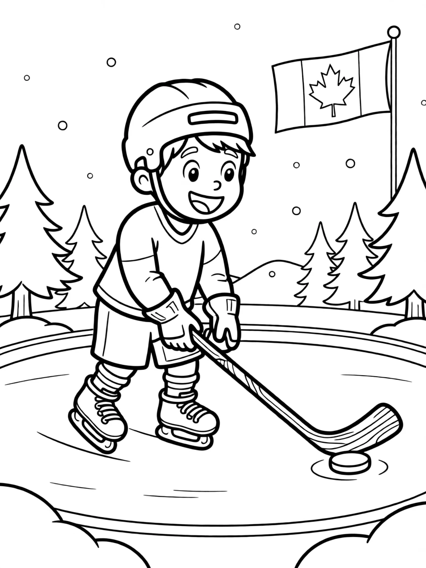 A child playing ice hockey on a pond in Canada for Canada.