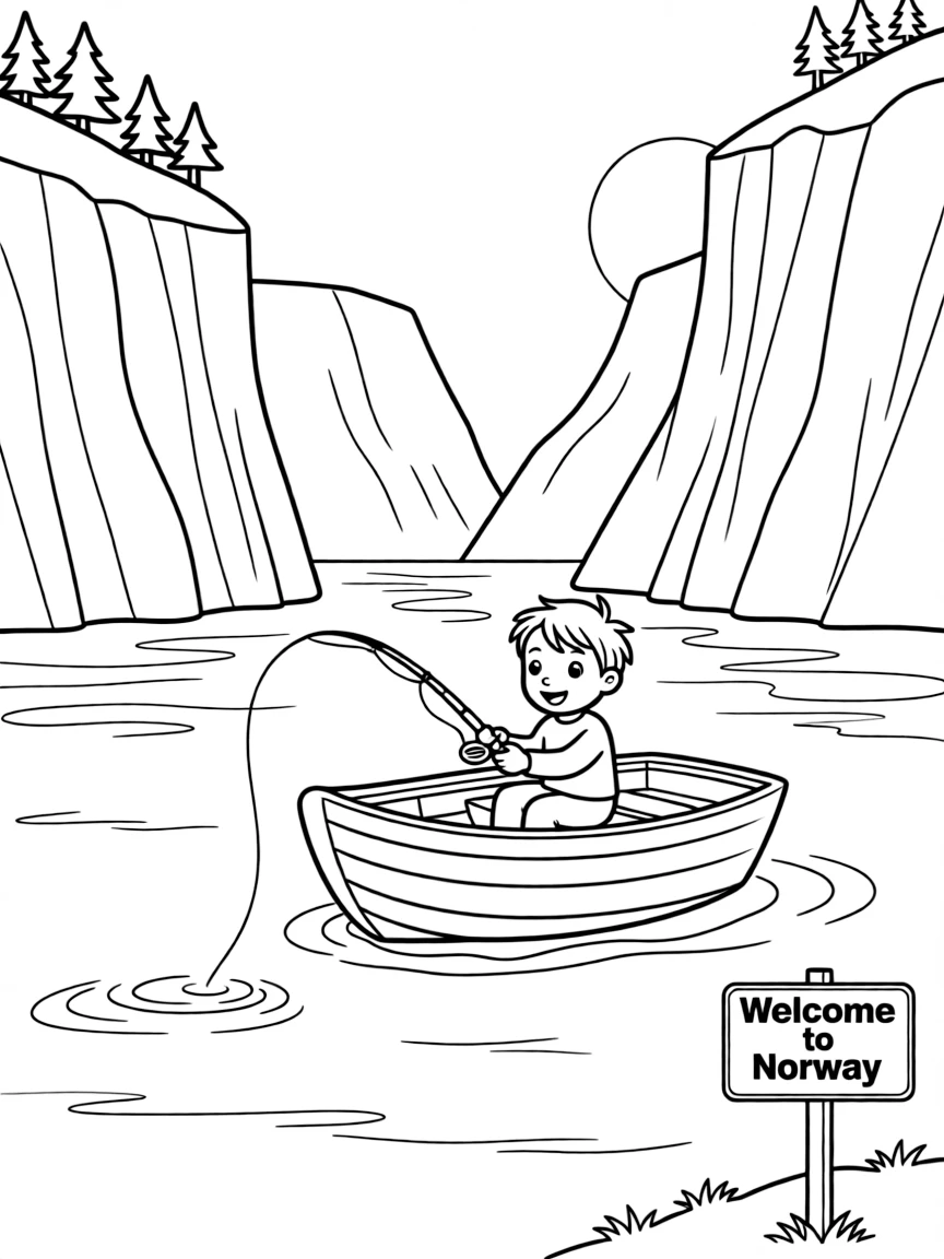 A happy child fishing in a fjord with a small boat for Norway.