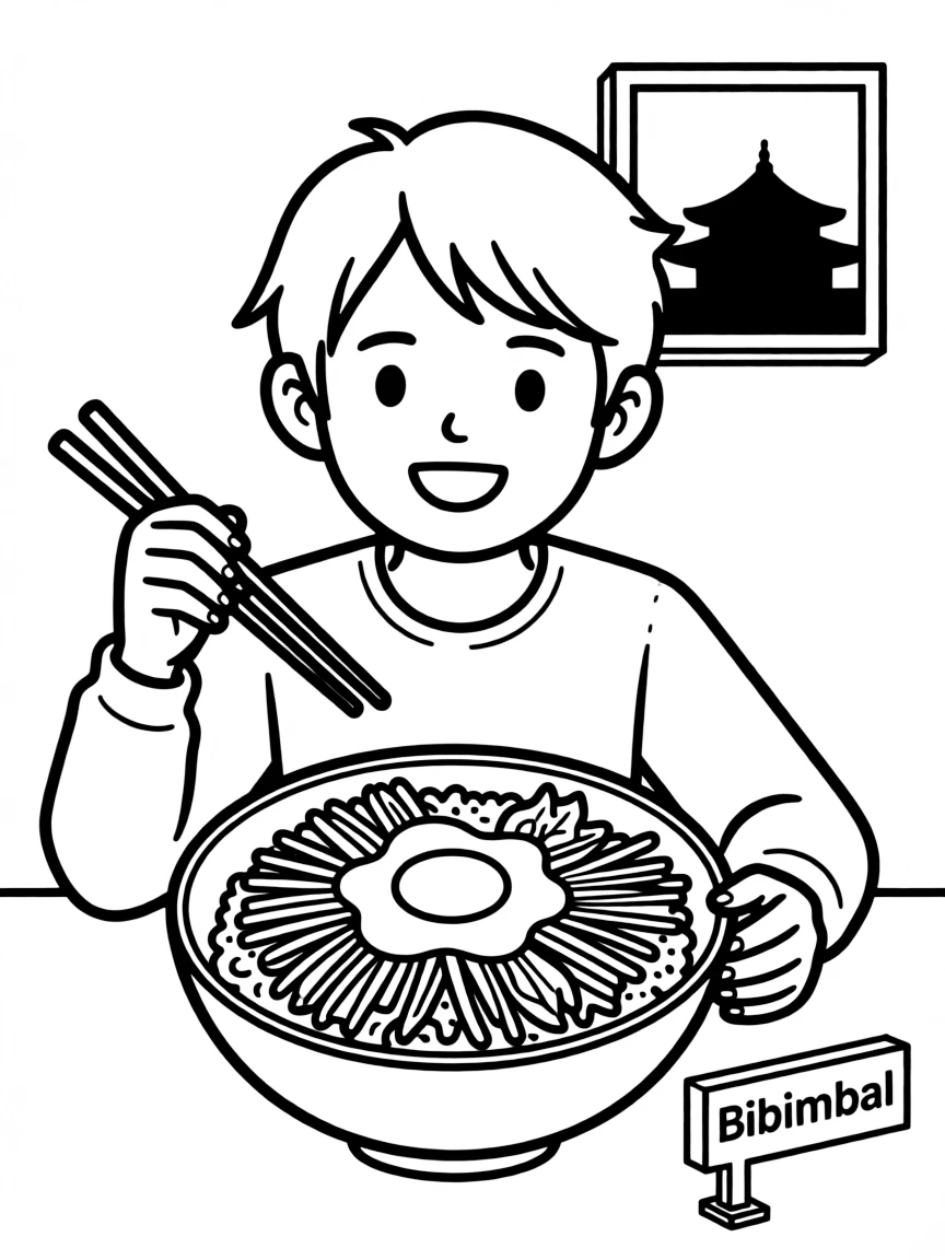 A cheerful child eating bibimbap with chopsticks for South Korea.