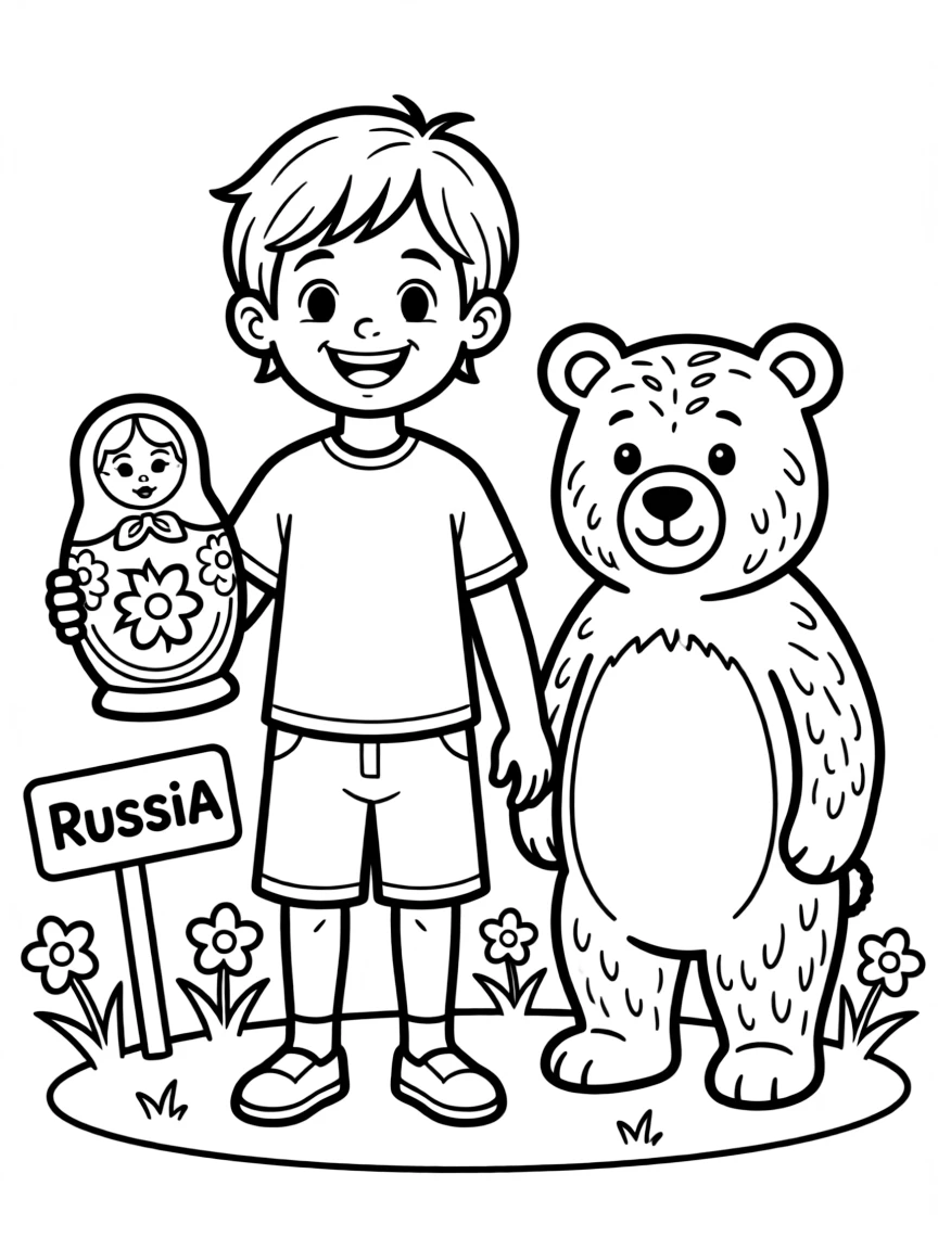 A cheerful child with a Russian nesting doll and a friendly bear for Russia.