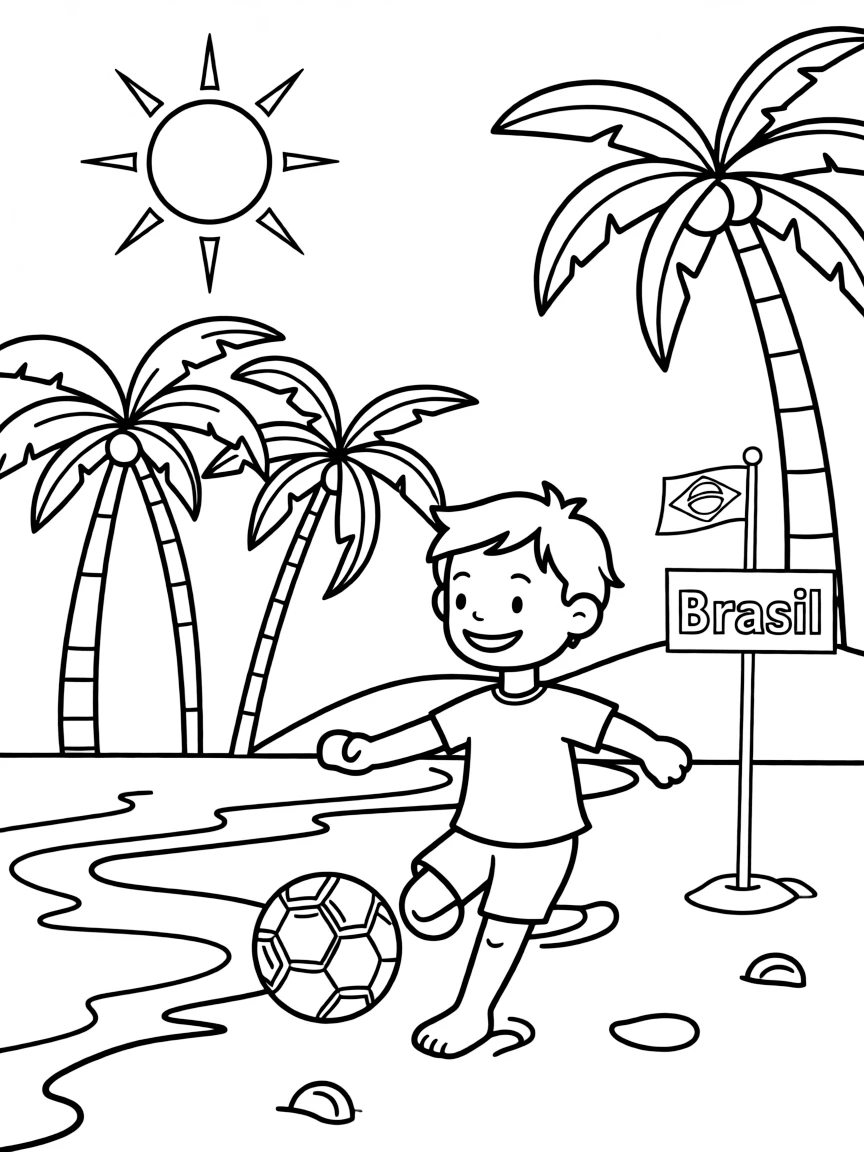 A smiling child playing football on a sunny beach in Brazil for Brazil.