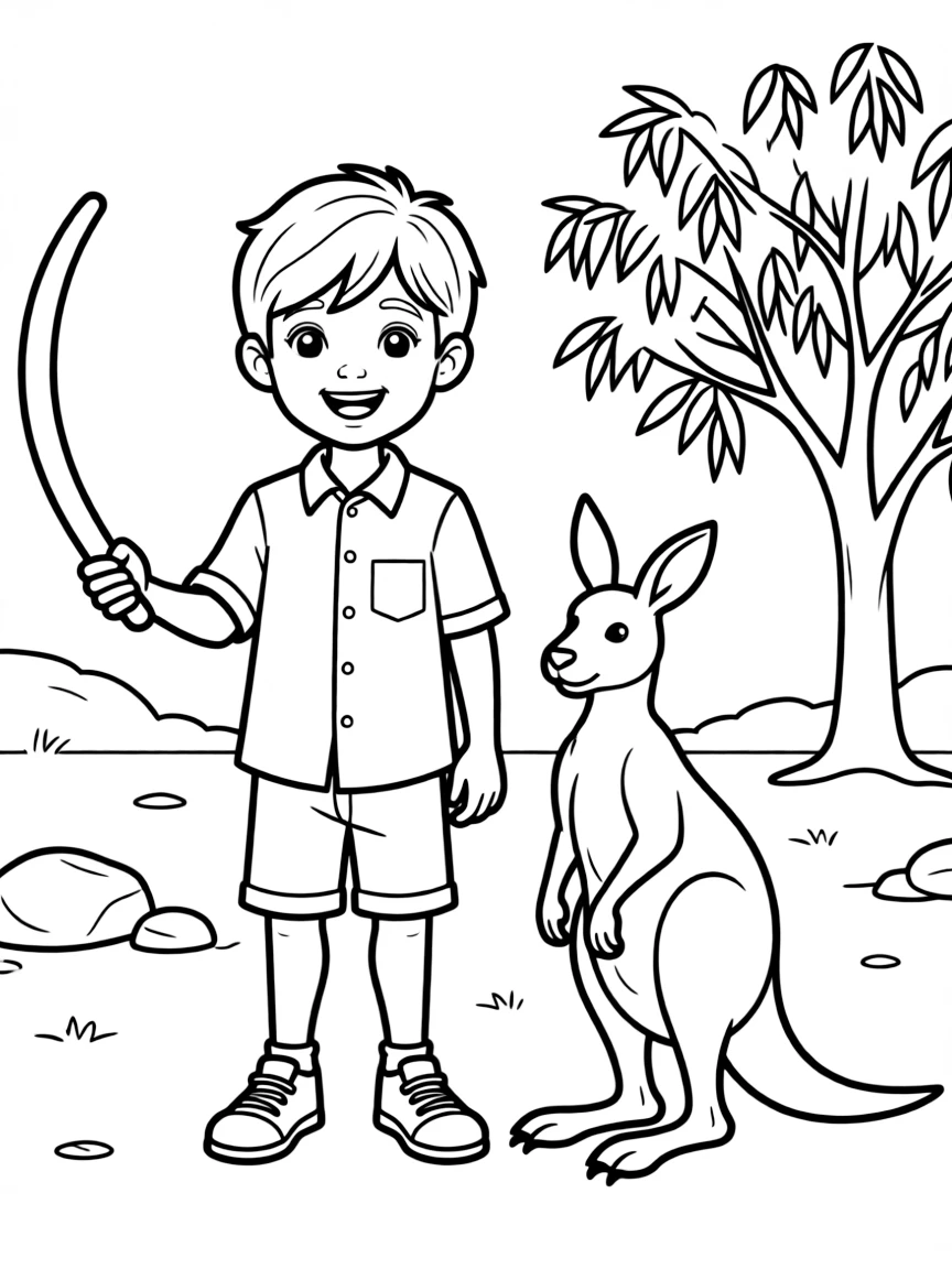 A happy child with a boomerang and a kangaroo in the Australian outback for Australia.