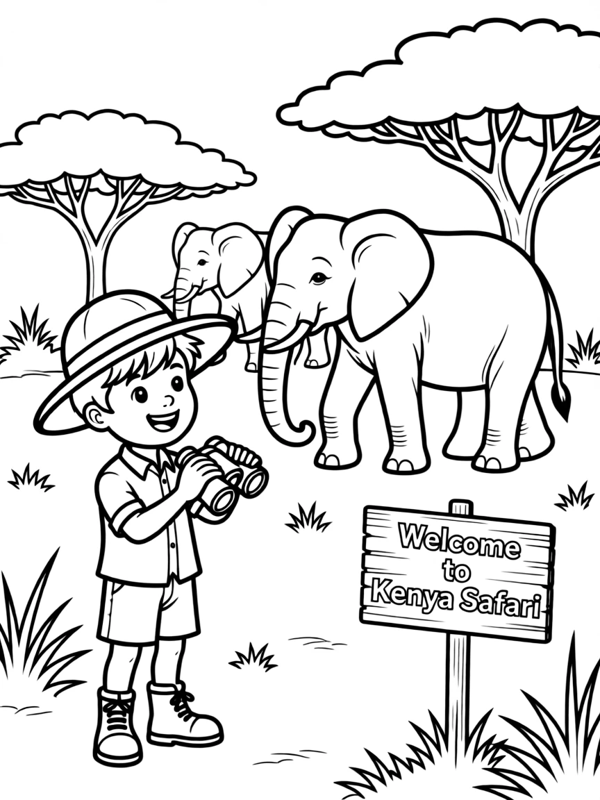 A cheerful child on a safari, looking at majestic elephants for Kenya.