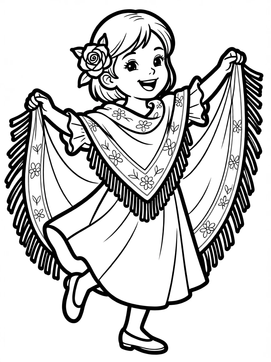 A happy child dancing with a Spanish shawl and a rose in their hair for Spain.