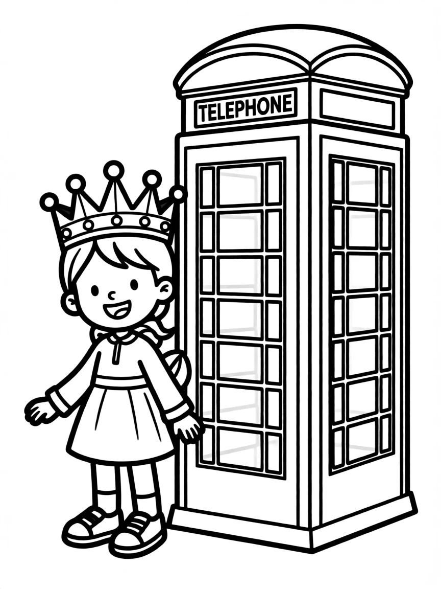 A smiling child with a British crown and a red phone booth for United Kingdom.