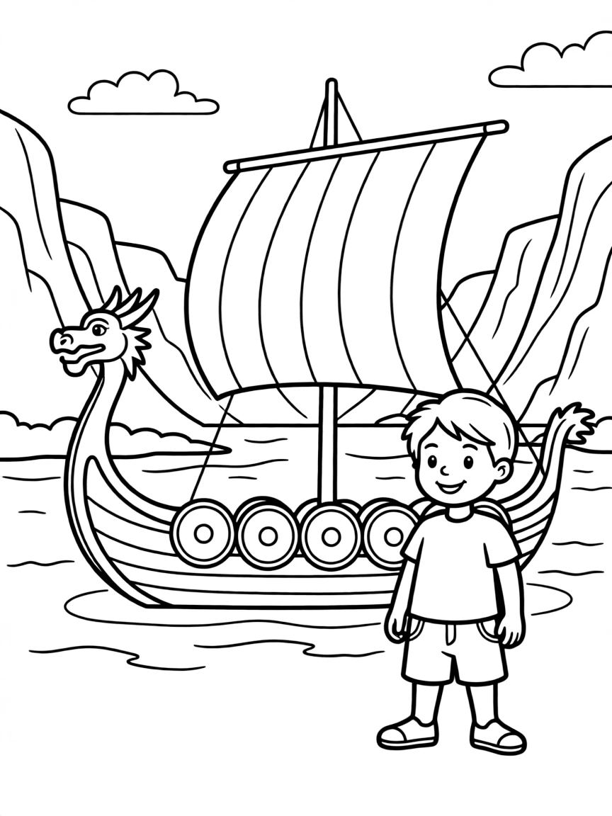 A smiling child with a Viking ship and a fjord in the background for Norway.