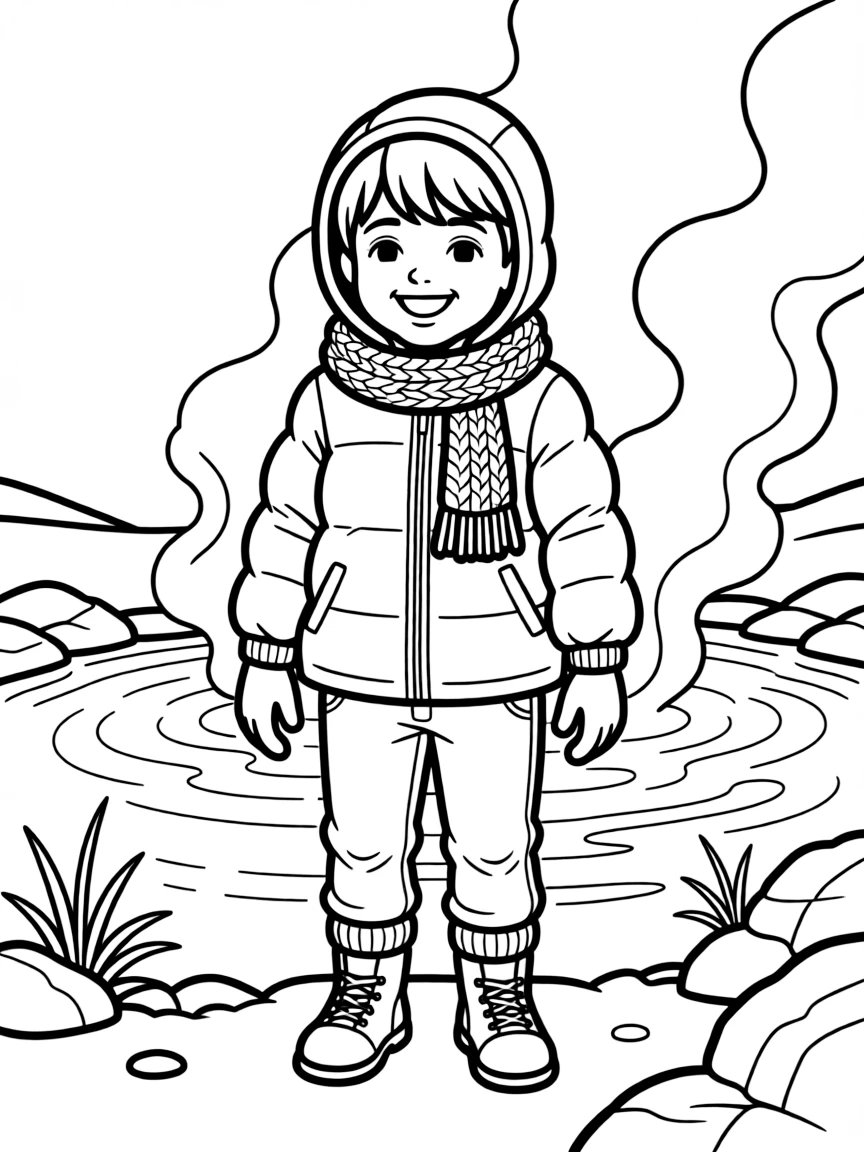 A smiling child near a hot spring, bundled up in warm clothes for Iceland.