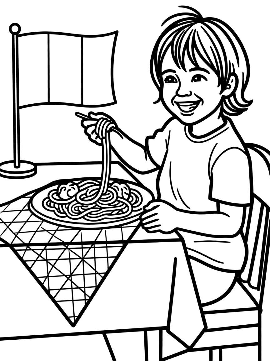 A happy child eating spaghetti for Italy.