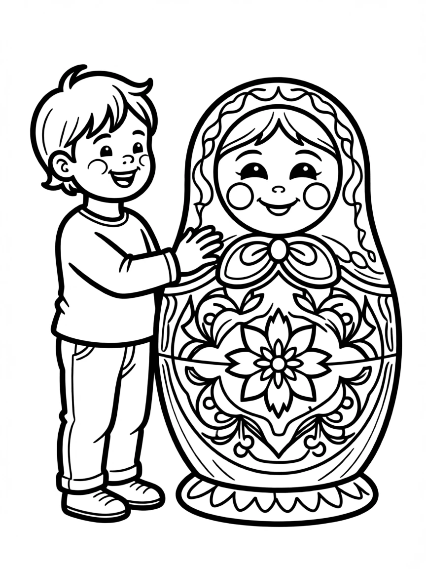 A cheerful child with a Russian nesting doll for Russia.