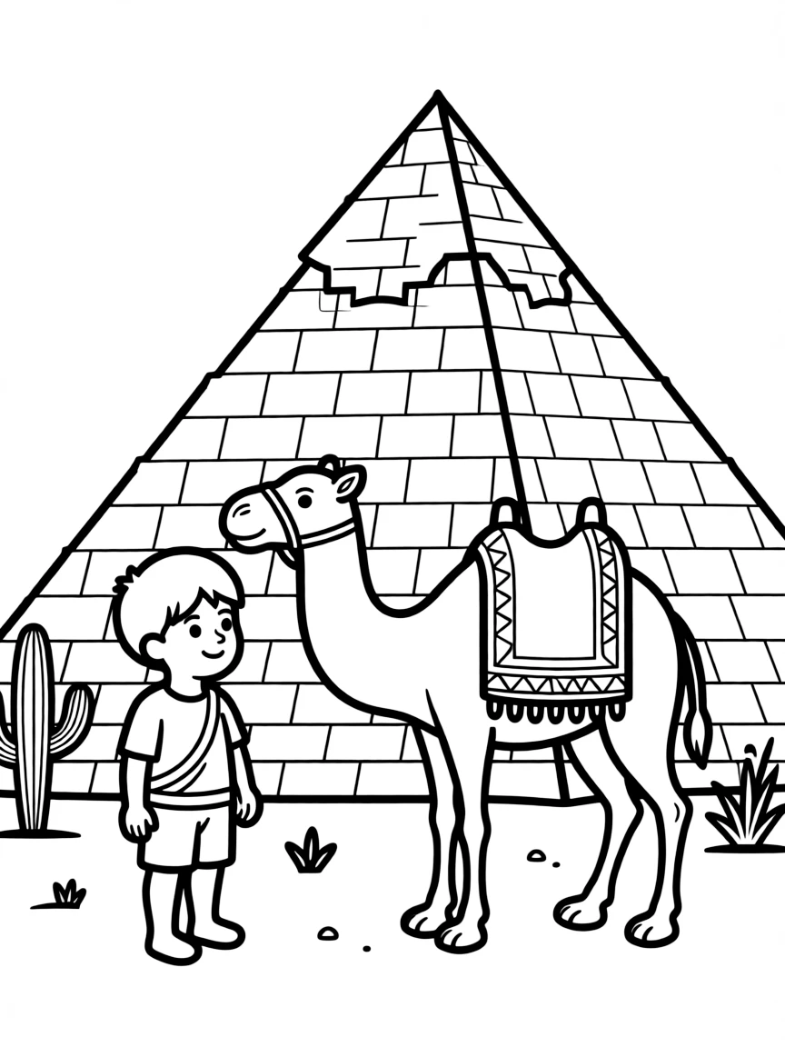 A child near a camel and a pyramid for Egypt.
