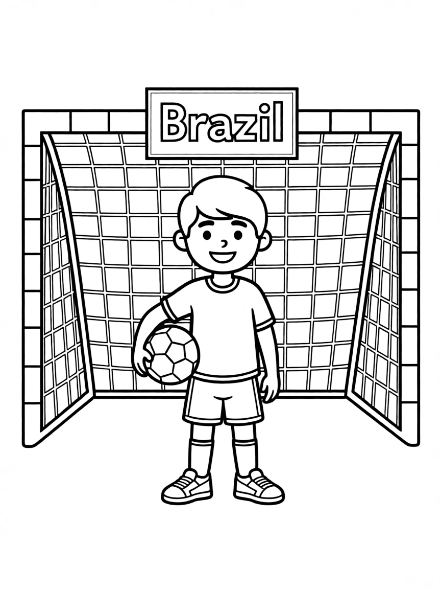 A smiling child with a football and a soccer goal for Brazil.