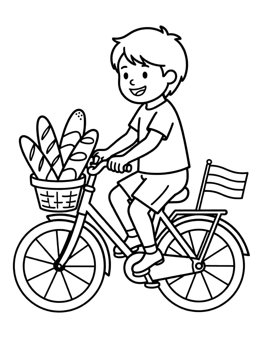 A smiling child riding a bicycle with a basket of bread for Netherlands.