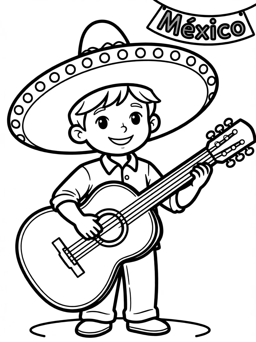 A child with a mariachi hat and a guitar for Mexico.