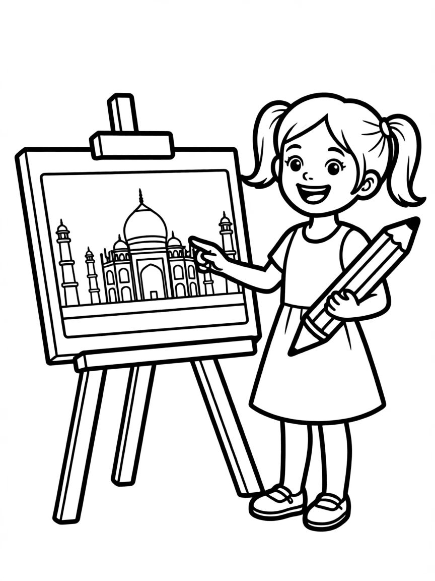 A happy child with a Taj Mahal drawing for India.