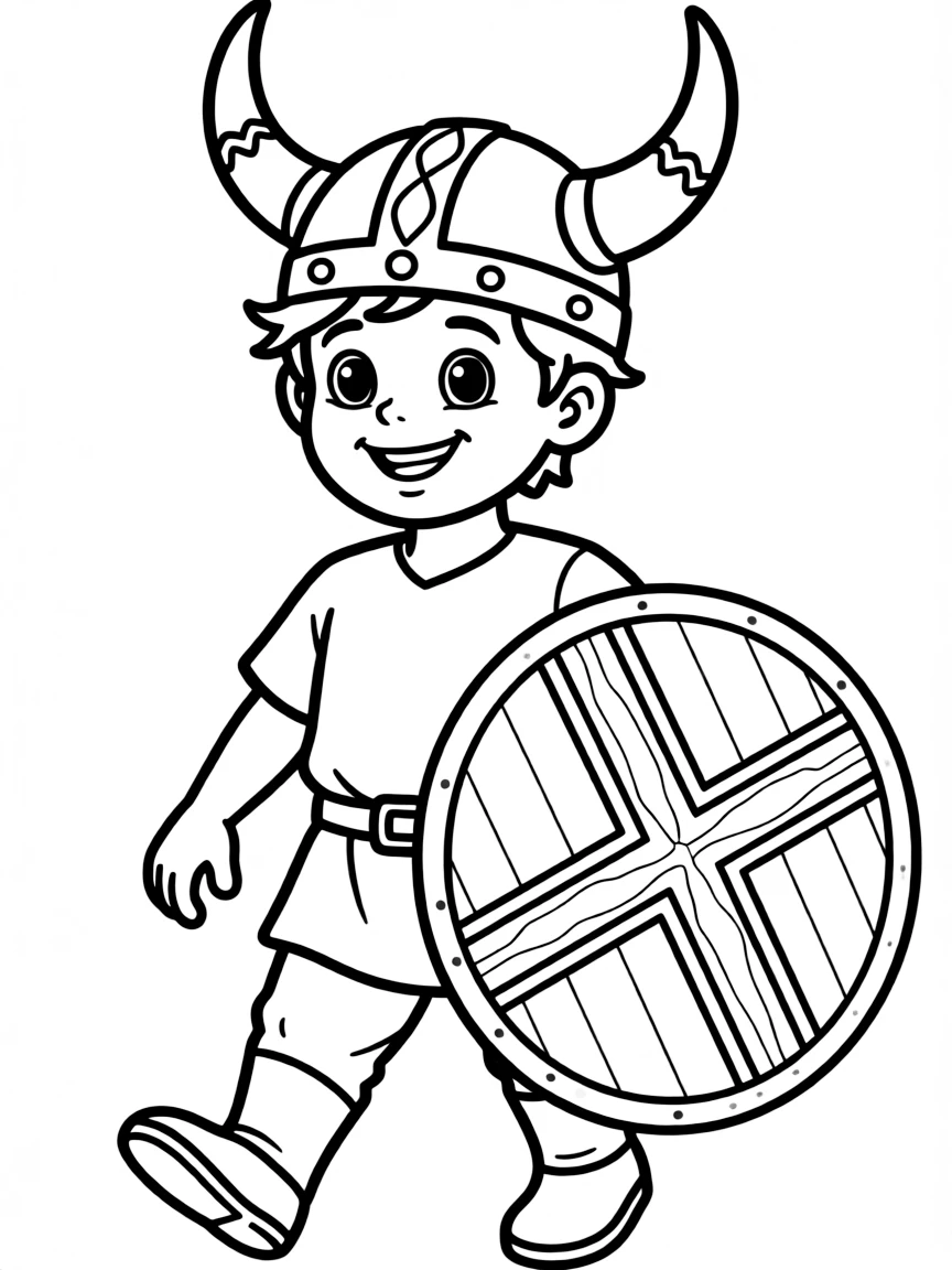 A smiling child with a Viking helmet and a shield for Norway.