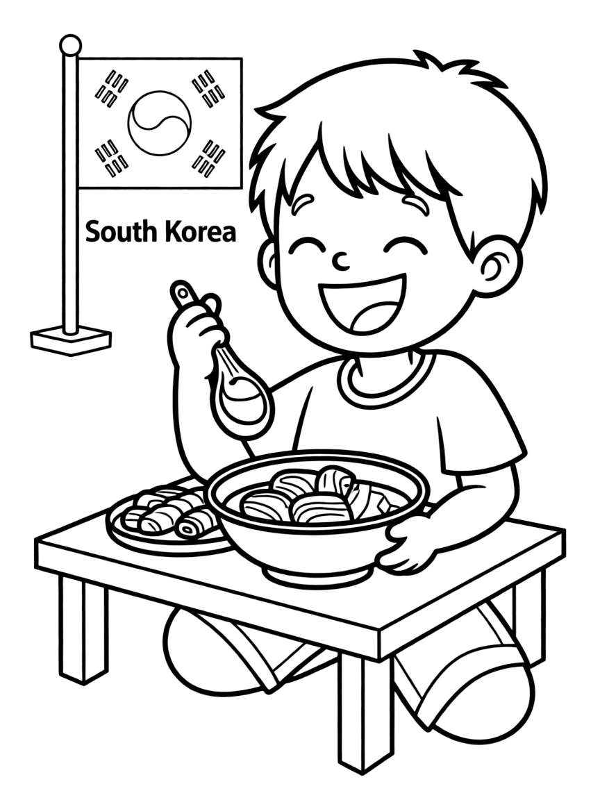 A happy child eating kimchi for South Korea.
