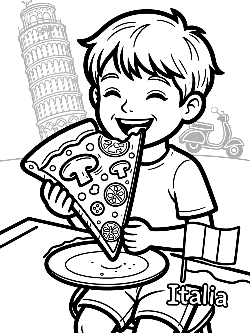 A happy child eating pizza for Italy.