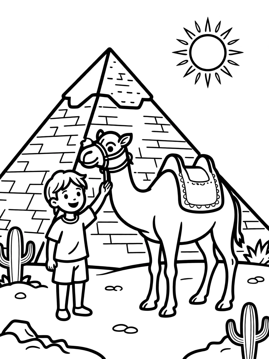 A child with a camel and a pyramid for Egypt.