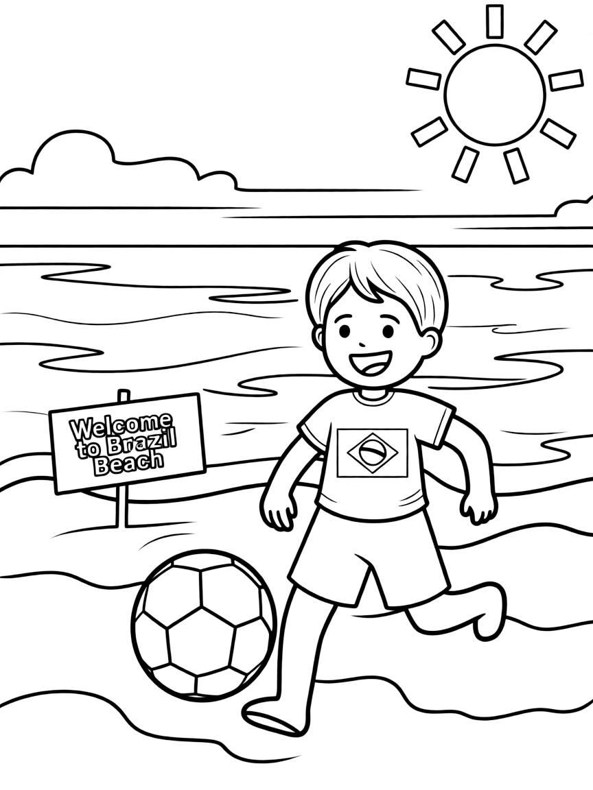 A smiling child playing soccer on the beach for Brazil.