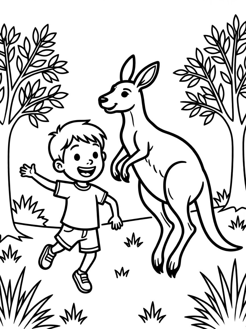 A happy child with a kangaroo jumping in the outback for Australia.