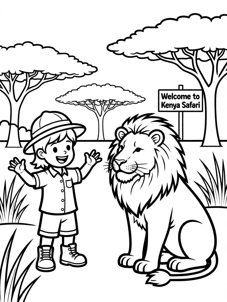 A cheerful child on a safari looking at a lion for Kenya.