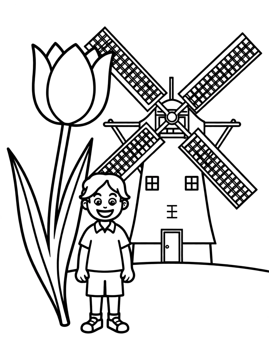 A smiling child with a tulip and a windmill for Netherlands.