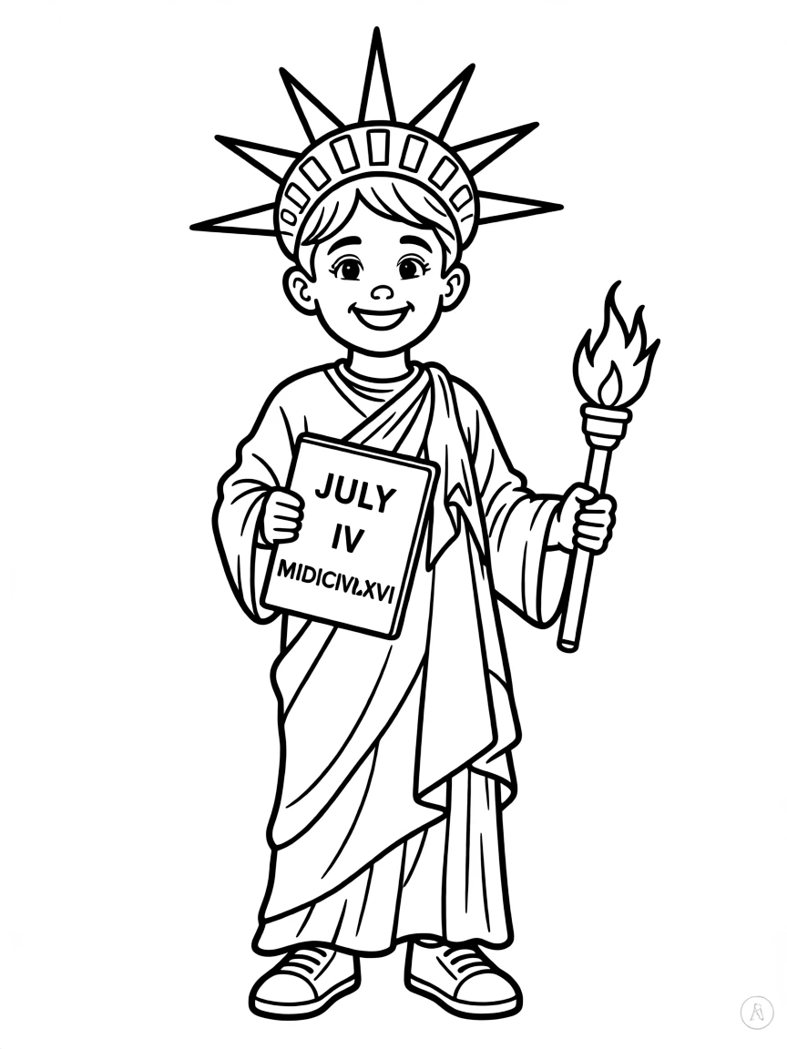 A cheerful child with a Statue of Liberty costume for USA.