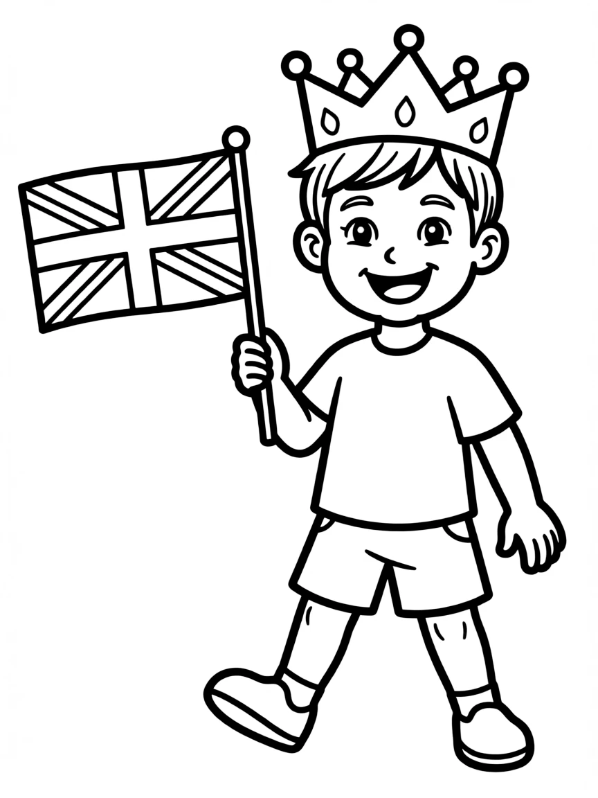 A smiling child with a crown and a British flag for United Kingdom.