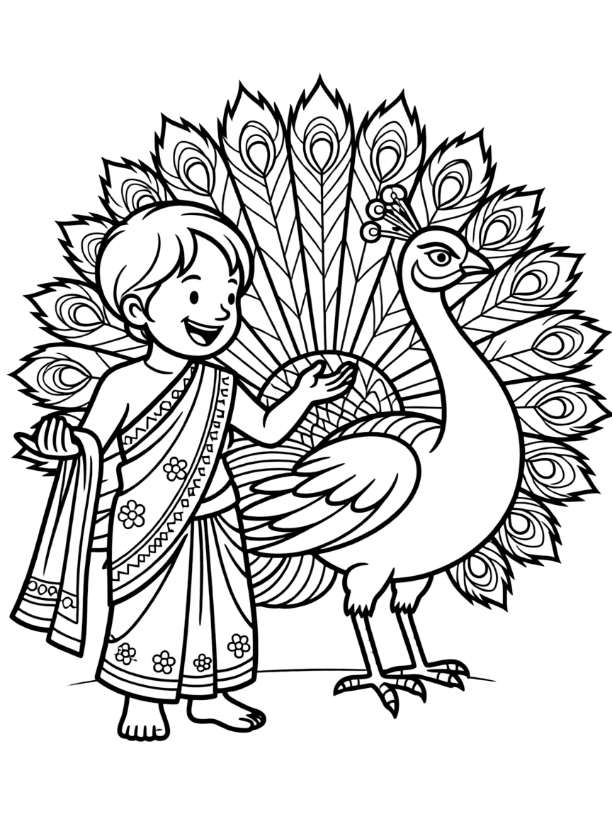 A happy child with a peacock and a sari for India.