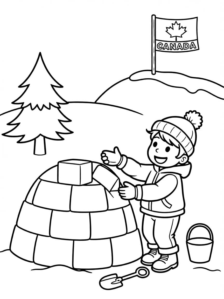 A cheerful child building an igloo for Canada.