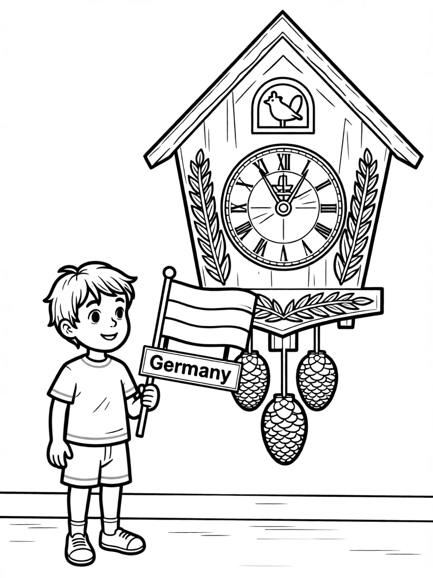 A child with a cuckoo clock and a German flag for Germany.