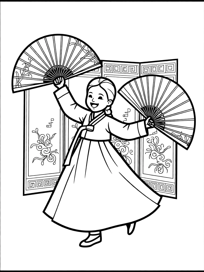 A happy child with a traditional Korean fan dance for South Korea.