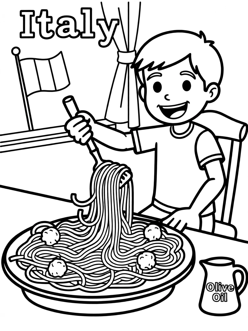 A happy child eating a big plate of pasta for Italy.