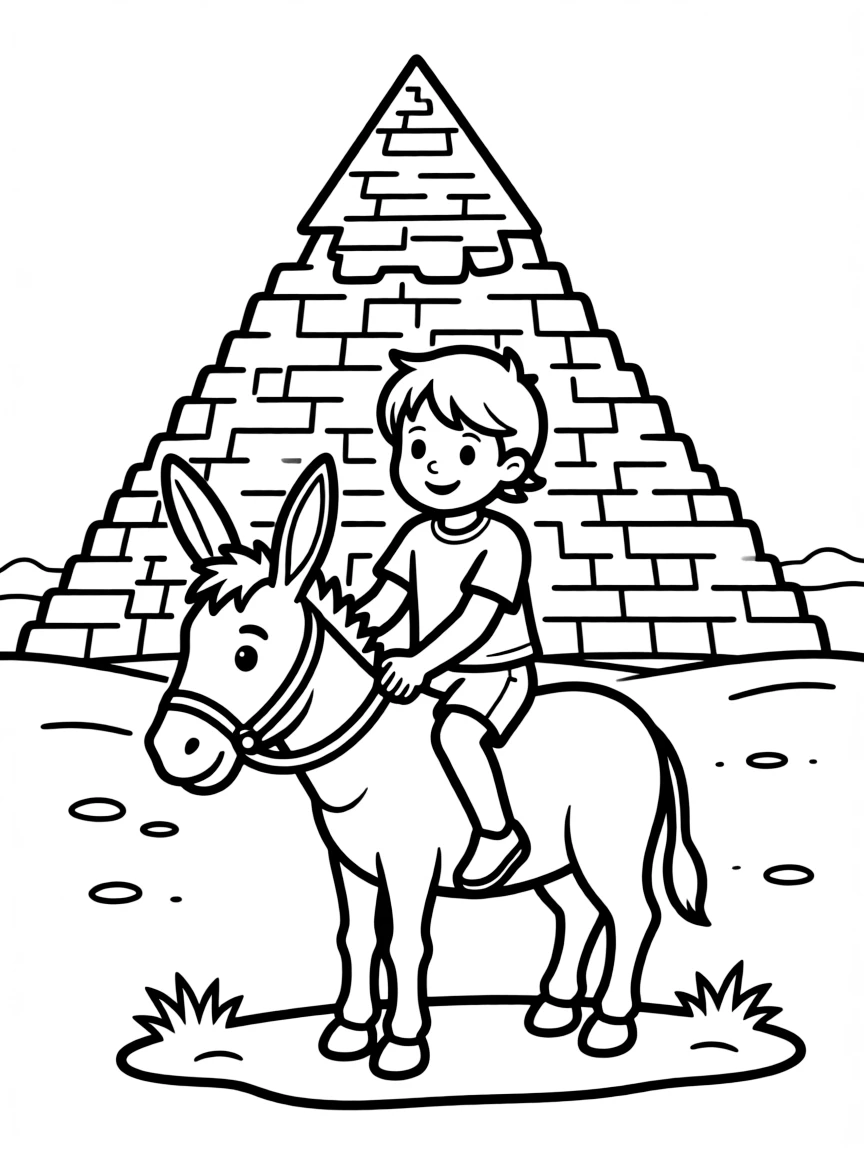 A child riding a donkey near a pyramid for Egypt.