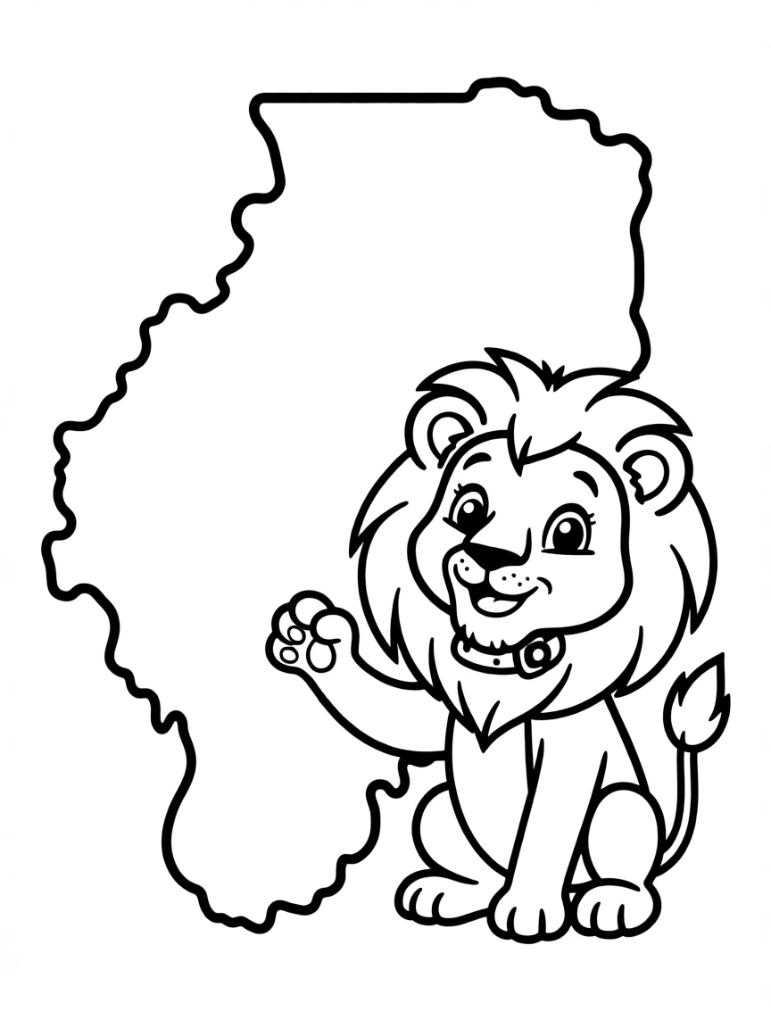 A friendly lion and a map outline of Tanzania.