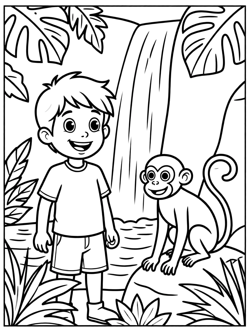 A smiling child near a waterfall and a monkey for Colombia.