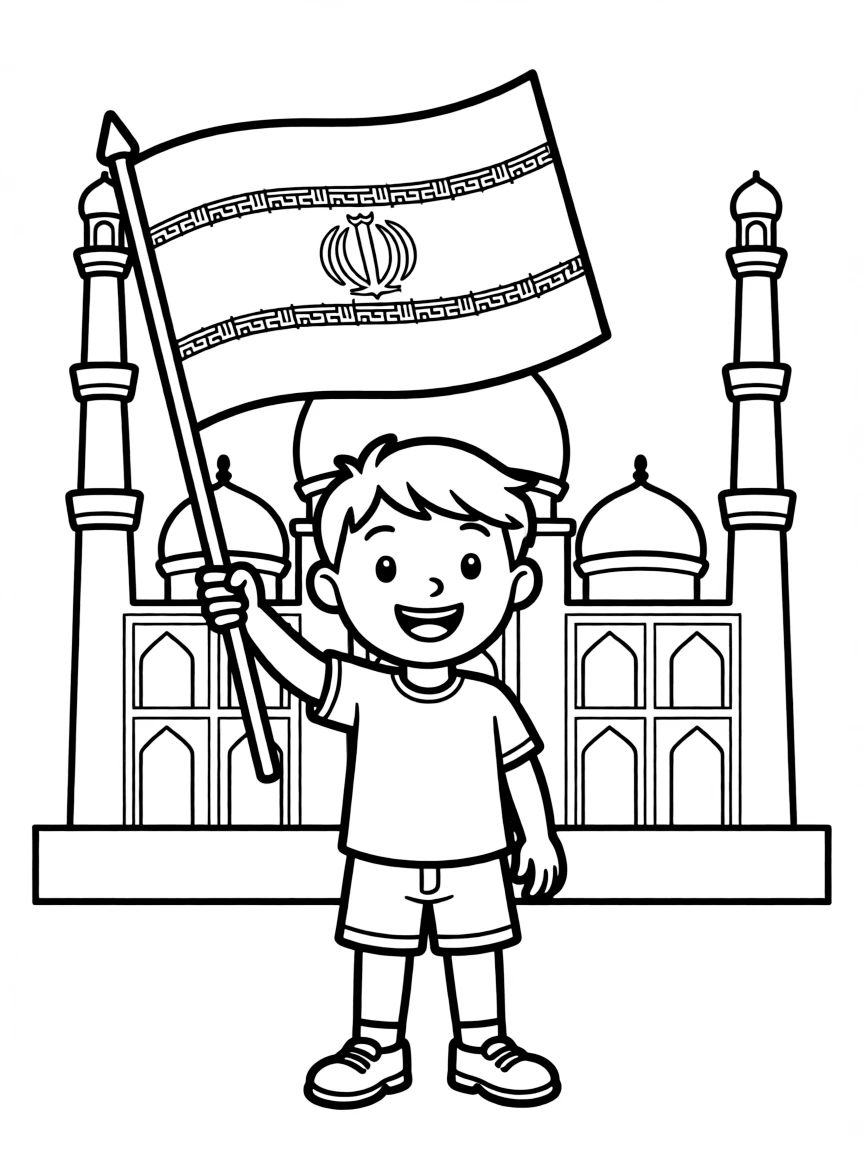 A happy child with a flag and a mosque outline for Iran.