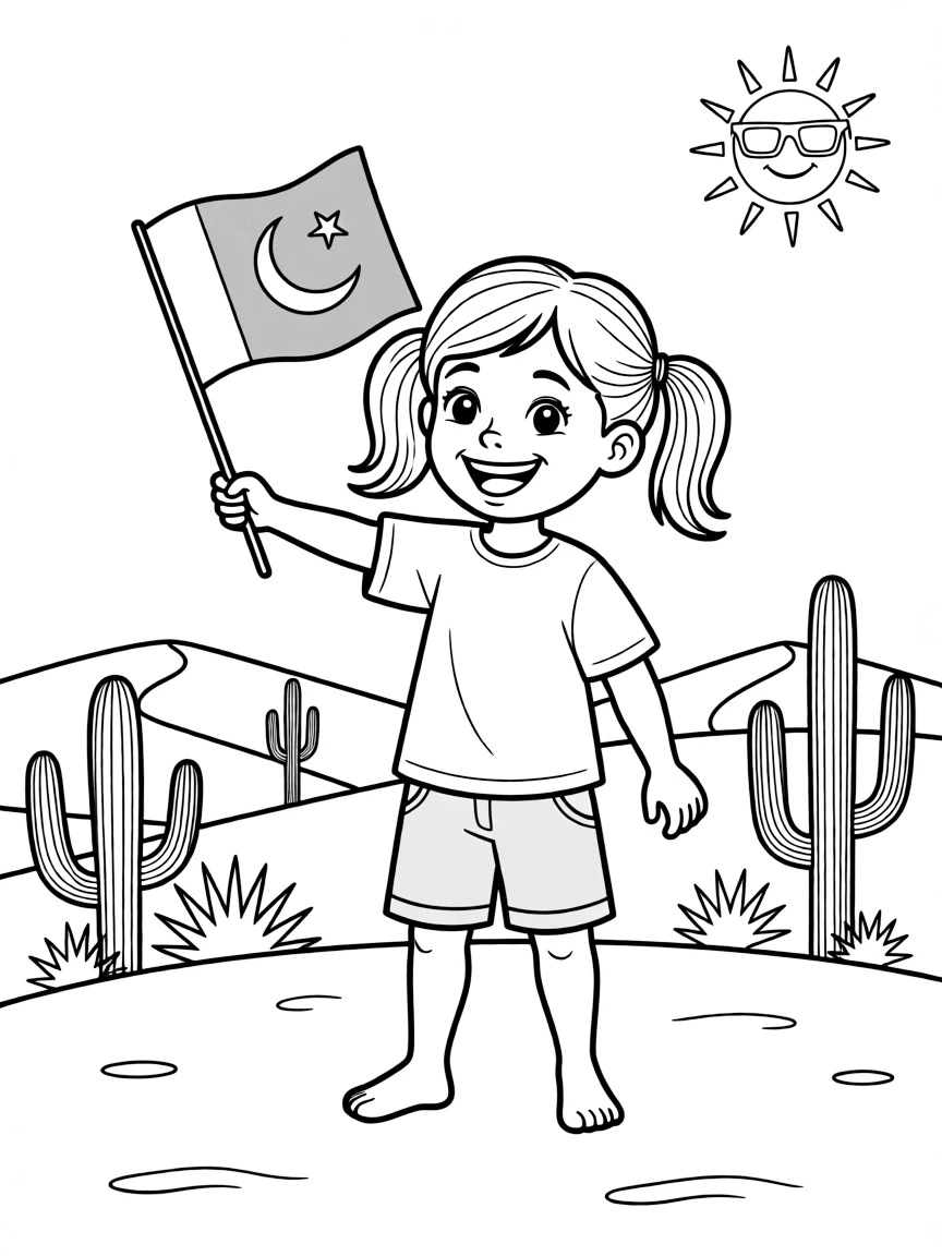 A cheerful child with a desert landscape and a flag for Pakistan.