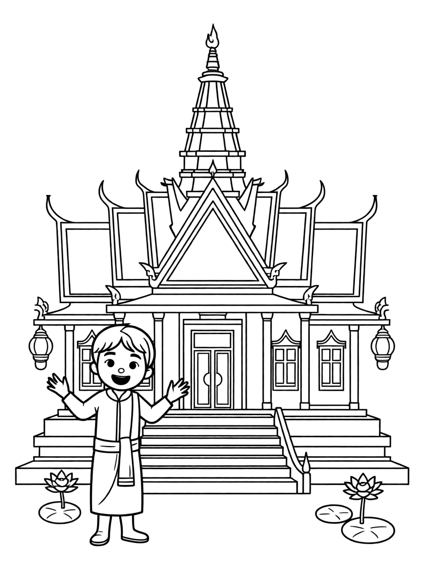 A happy child with a traditional dress and a temple for Cambodia.