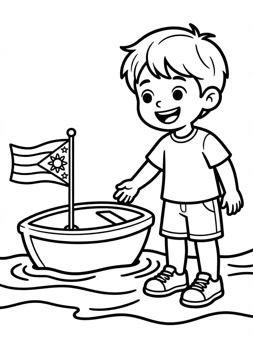 A cheerful child with a small boat and a flag for Philippines.