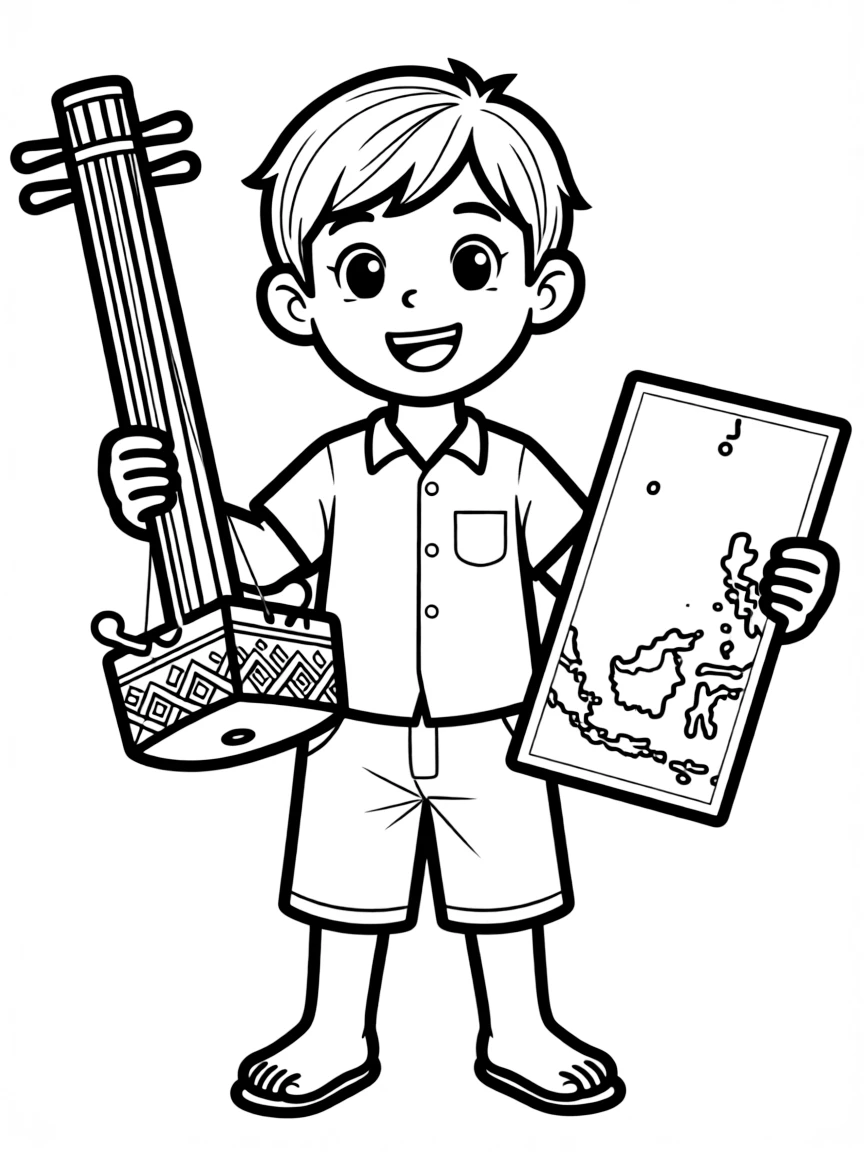 A child holding a traditional instrument and a map of Indonesia.