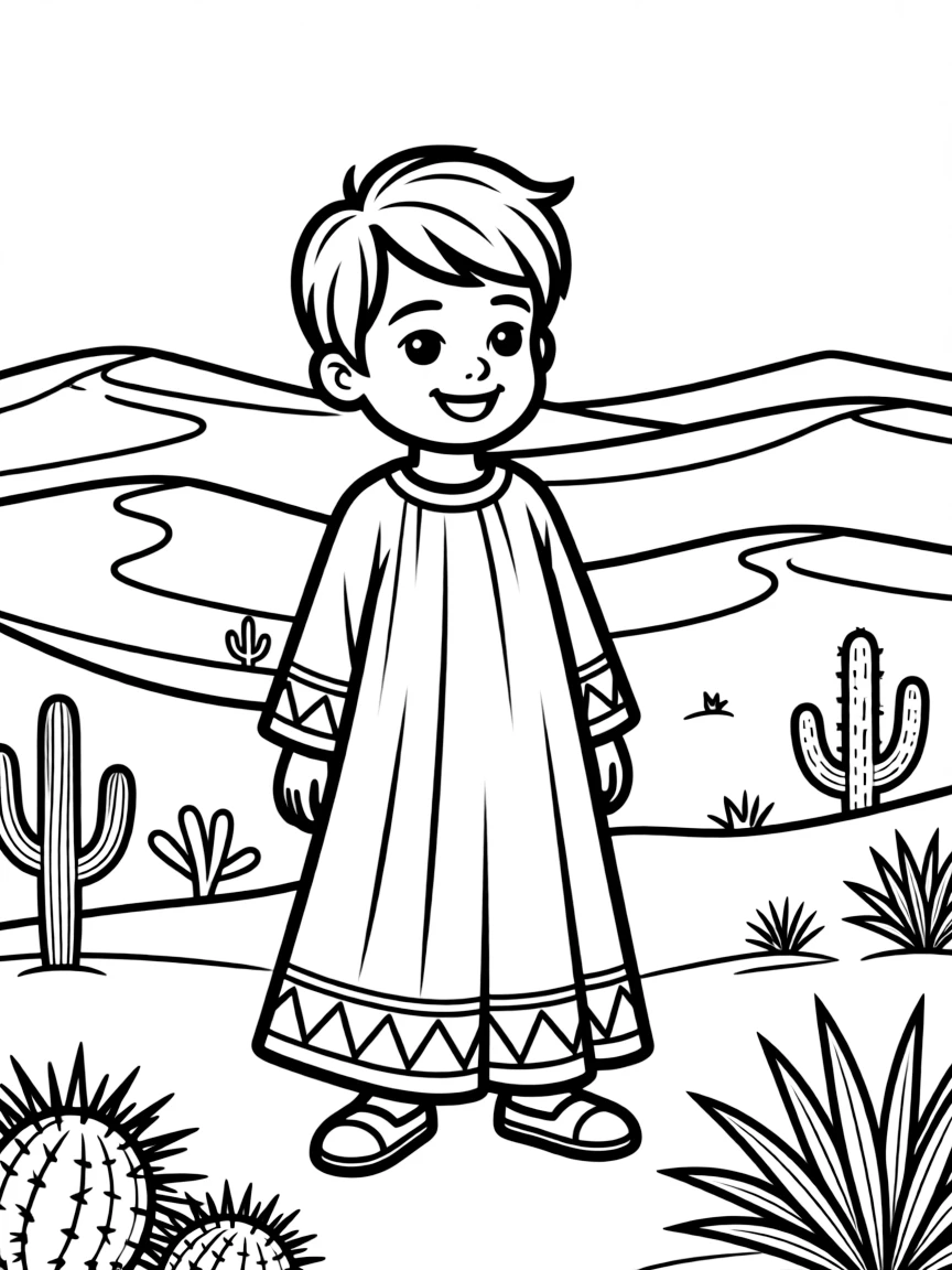 A cheerful child with a traditional dress and a desert for Algeria.