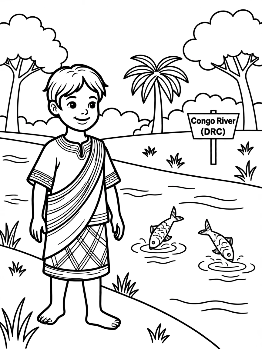 A child with a traditional outfit and a river for Congo (DRC).