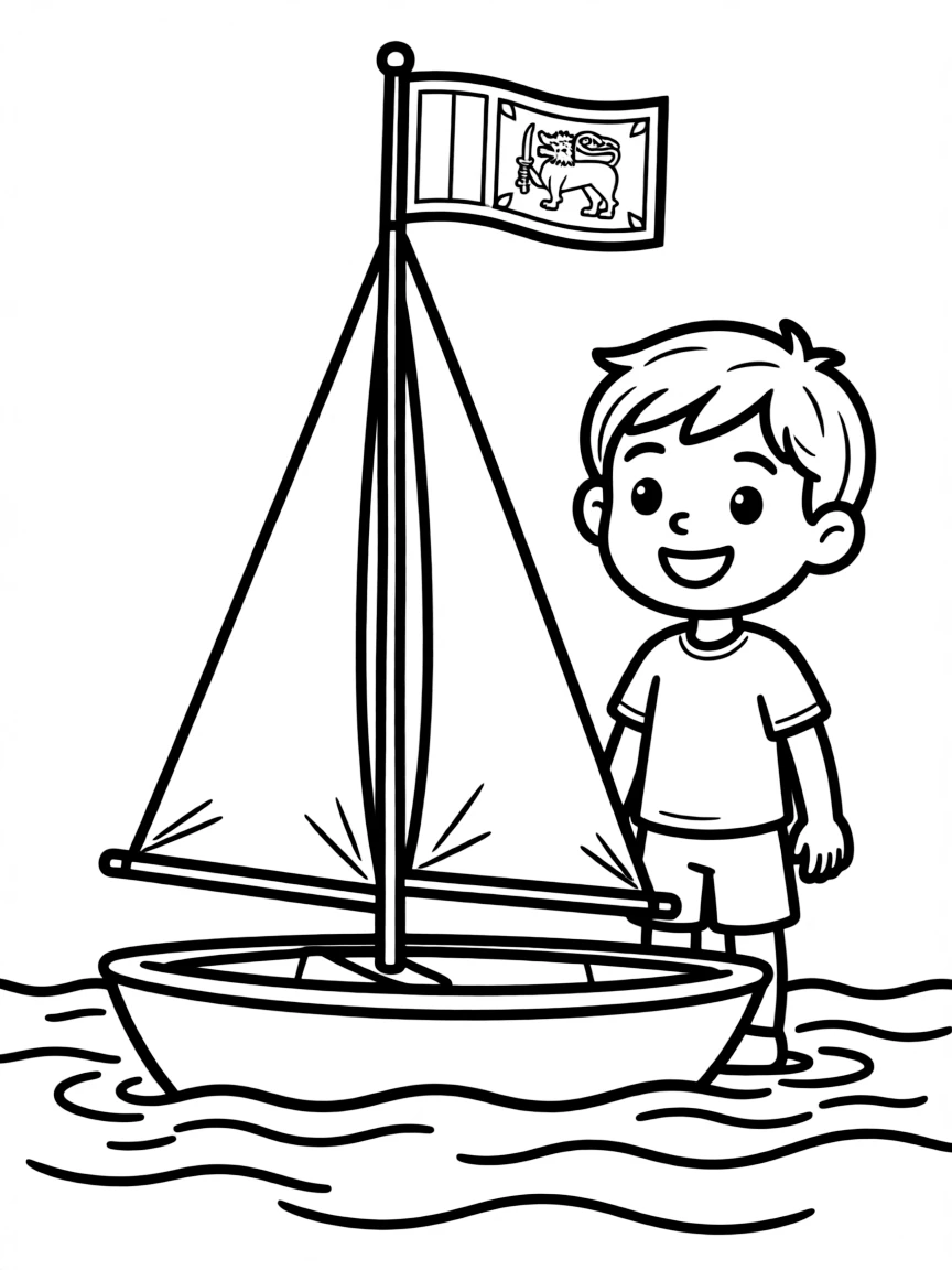 A smiling child with a small boat and a flag for Sri Lanka.