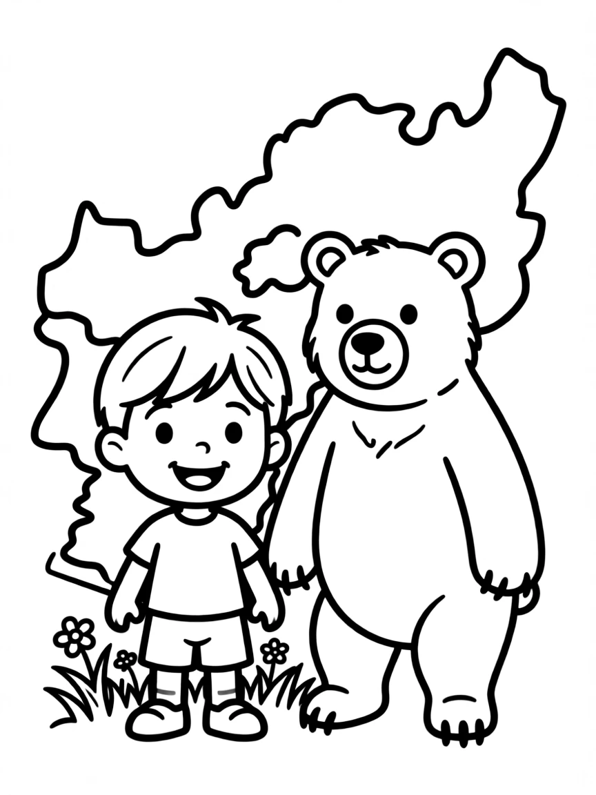 A cheerful child with a bear and a mountain for Afghanistan.