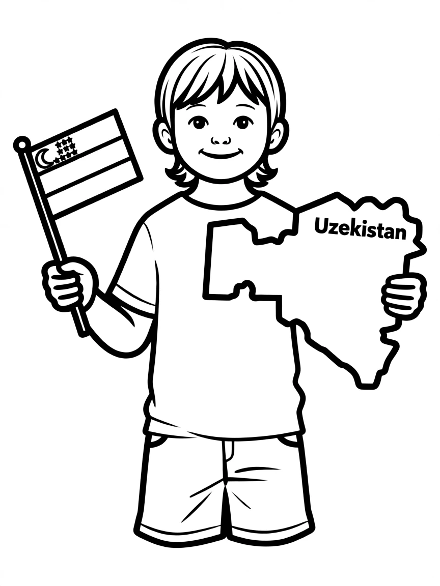 A child holding a tiny flag and a map of Uzbekistan.