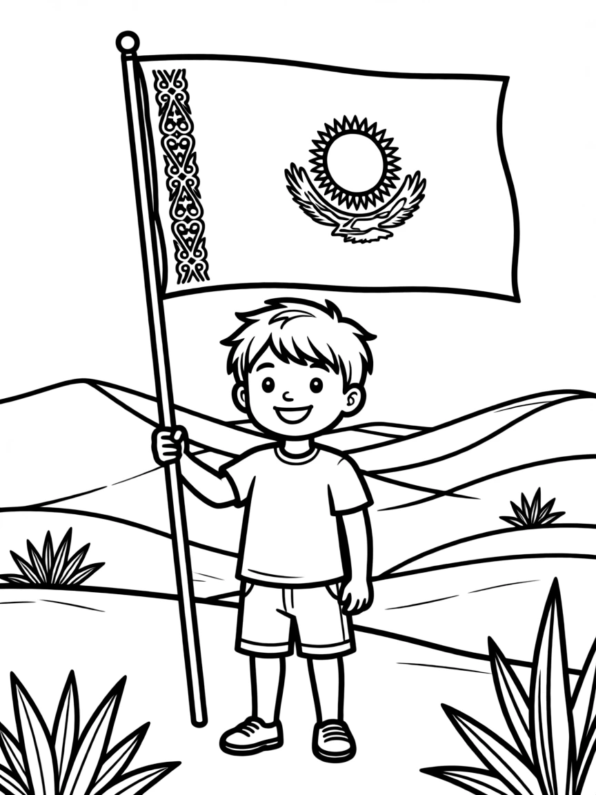 A smiling child with a flag and a desert landscape for Kazakhstan.