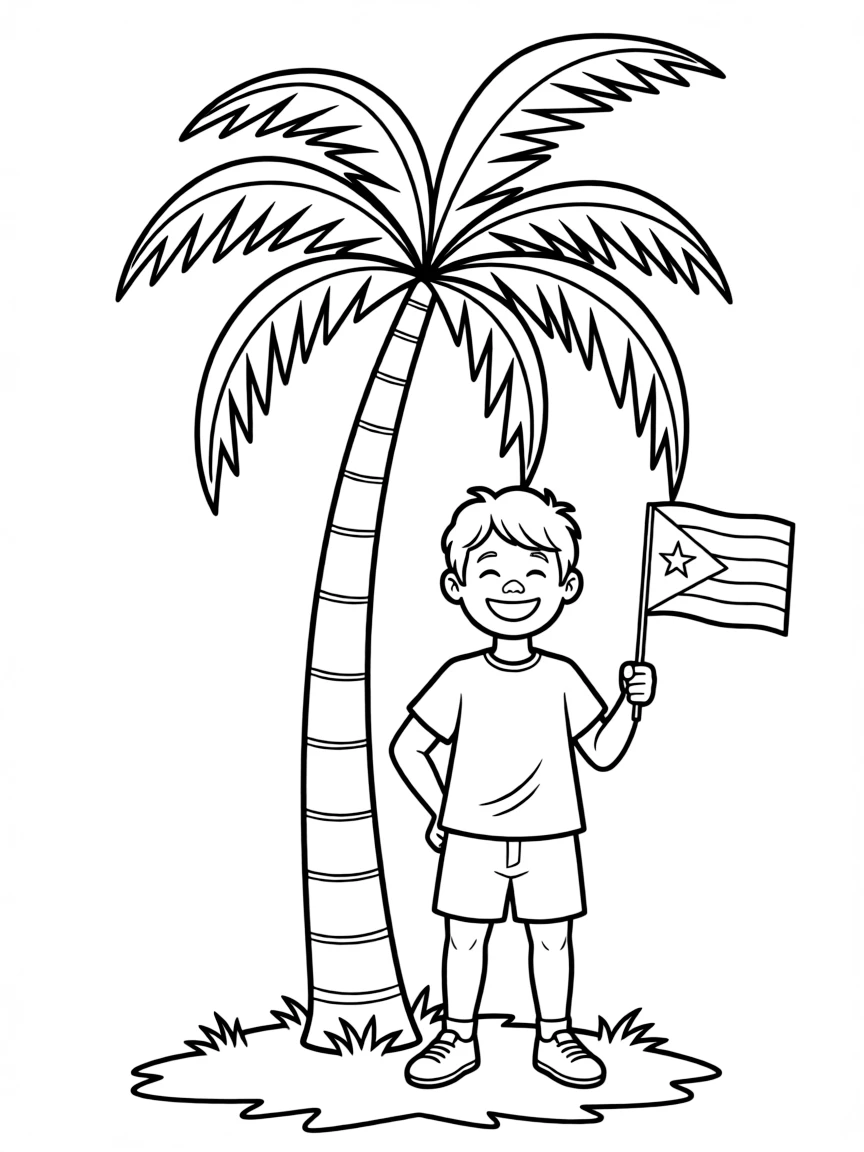 A happy child with a palm tree and a flag for Cuba.