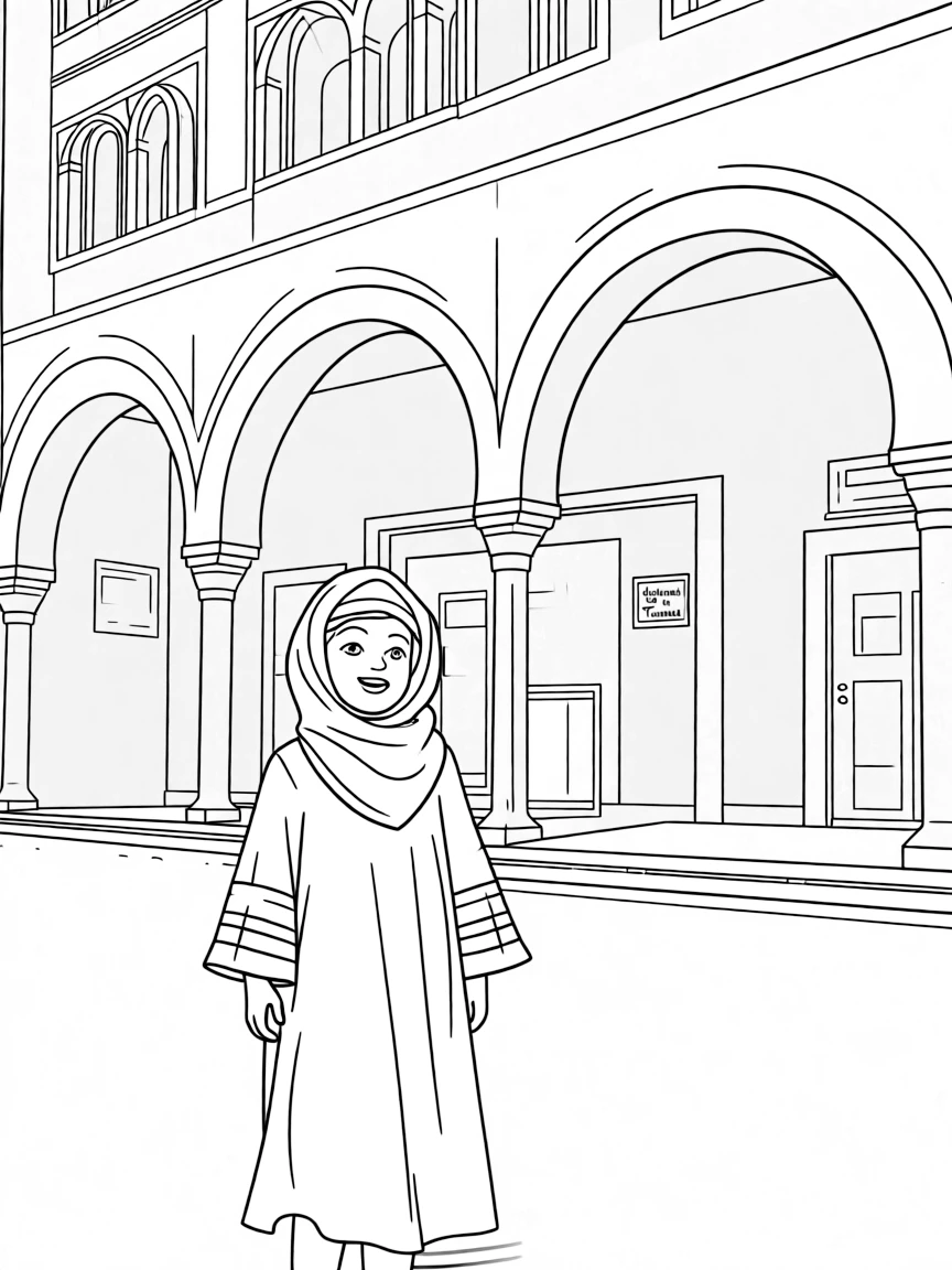 A smiling child with a traditional dress and a historical building for Tunisia.