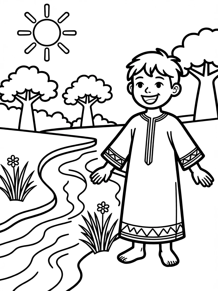 A happy child with a traditional dress and a river for Mali.